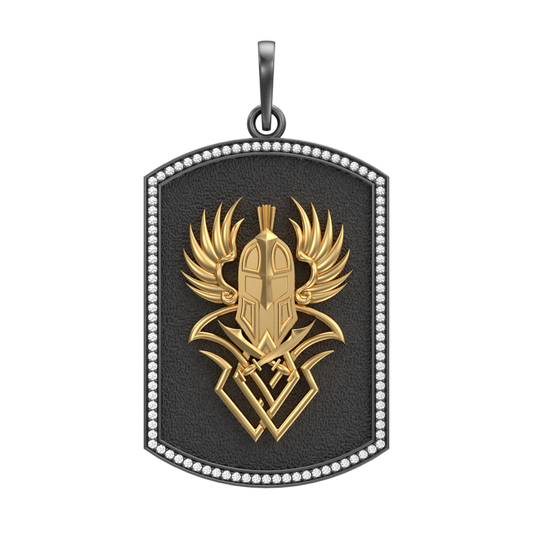 Warrior Luxe, Edgy Pendant with CZ Diamonds, 18kt Gold & Black Ruthenium Plating on Brass.