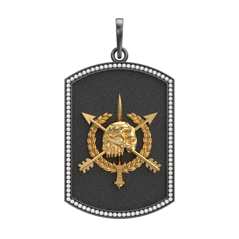 Pirate Luxe, Edgy Pendant with CZ Diamonds, 18kt Gold & Black Ruthenium Plating on Brass.