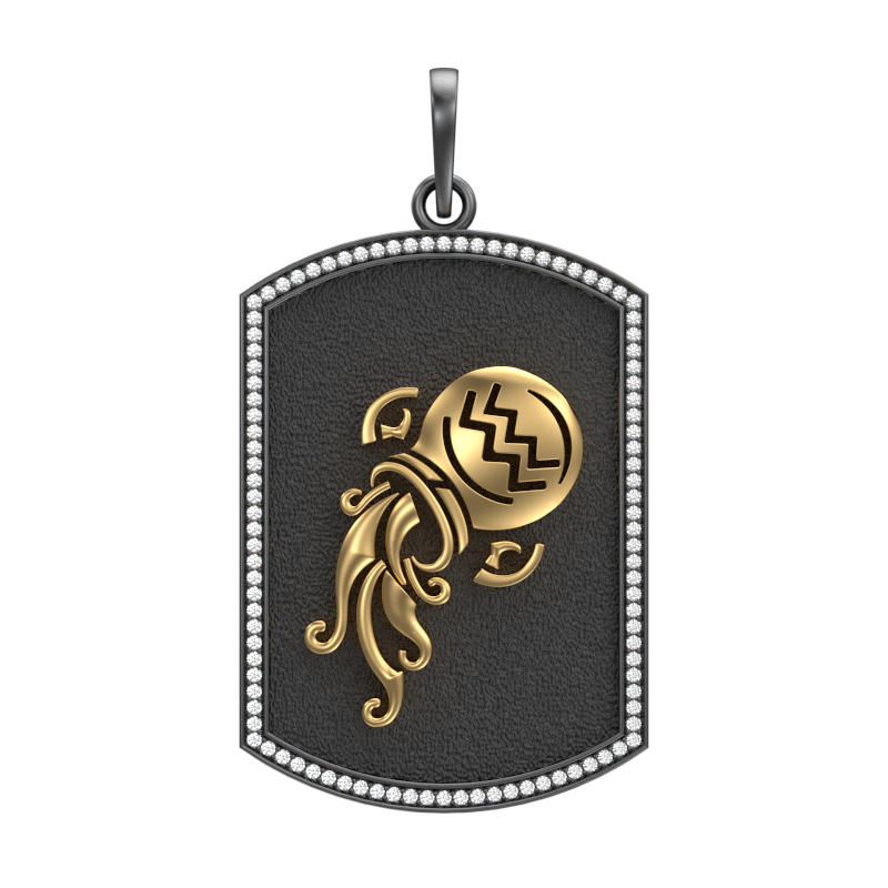 Aquarius Zodiac Luxe, Constellation Pendant with CZ Diamonds, 18kt Gold & Black Ruthenium Plating on Brass.