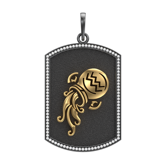 Aquarius Zodiac Luxe, Constellation Pendant with CZ Diamonds, 18kt Gold & Black Ruthenium Plating on Brass.