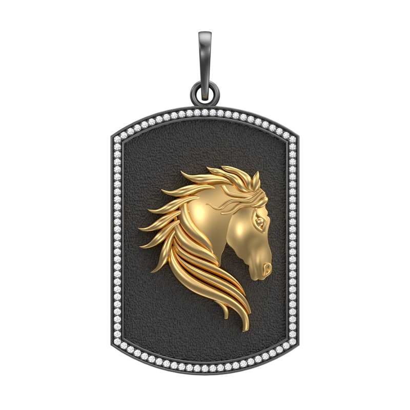 Horse Luxe, Wild Pendant with CZ Diamonds, 18kt Gold & Black Ruthenium Plating on Brass.