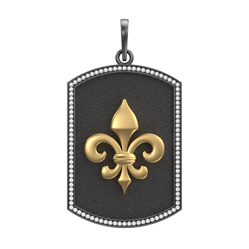 Fleur di lis Luxe, Spiritual Pendant with CZ Diamonds, 18kt Gold & Black Ruthenium Plating on Brass.
