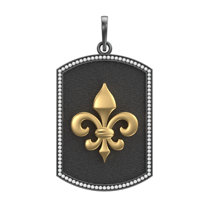 Fleur di lis Luxe, Spiritual Pendant with CZ Diamonds, 18kt Gold & Black Ruthenium Plating on Brass.
